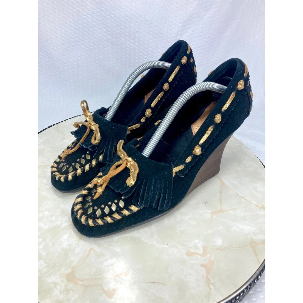 Sam Edelman Studded Fringe Moccasin Wedge Heels Womens 7.5 Black Leather Western